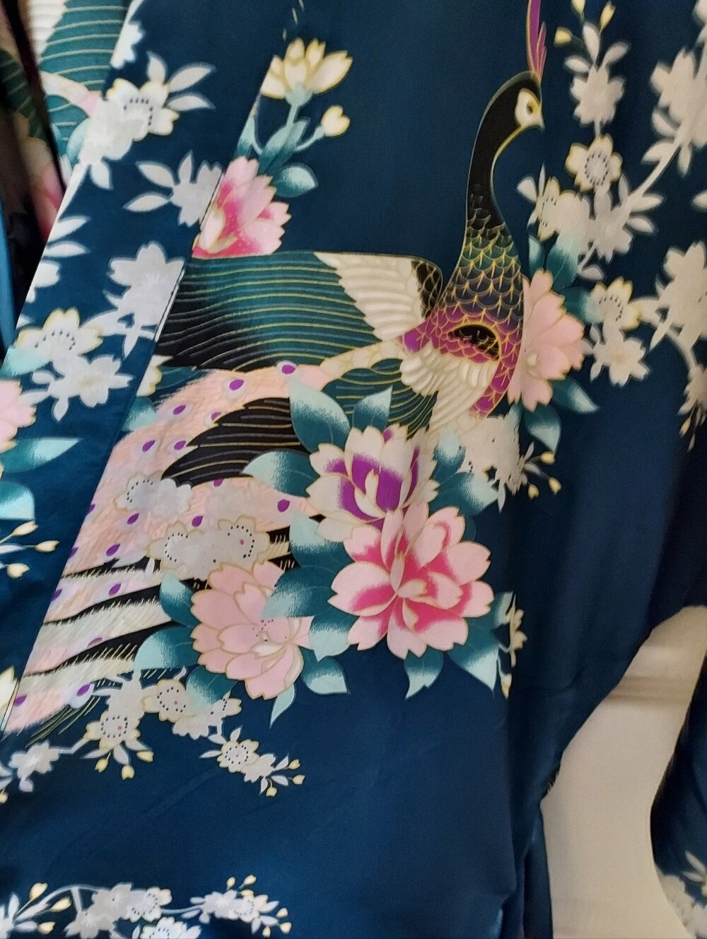 Kim + Ono Long Royal Blue Floral Satin Kimono Robe / Like New - Picture 9 of 9
